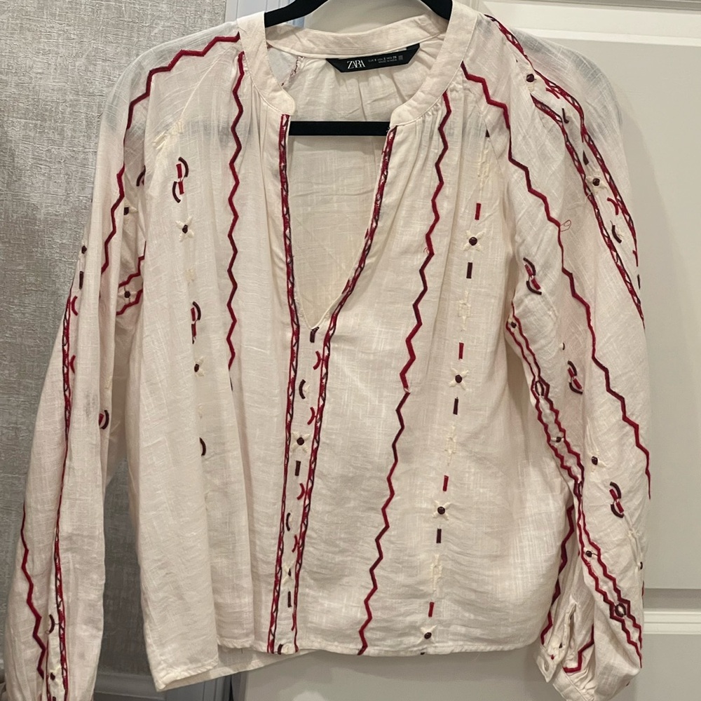 Zara Women's Blouse with Red Embroidery